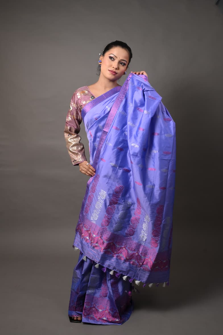 Assam Handloom Lavender & Pink Mix Pat Silk Mekhela Chador